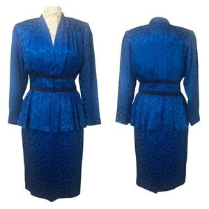 Vintage Silk Studio Blue & Black polka dot fitted waist top & skirt size medium